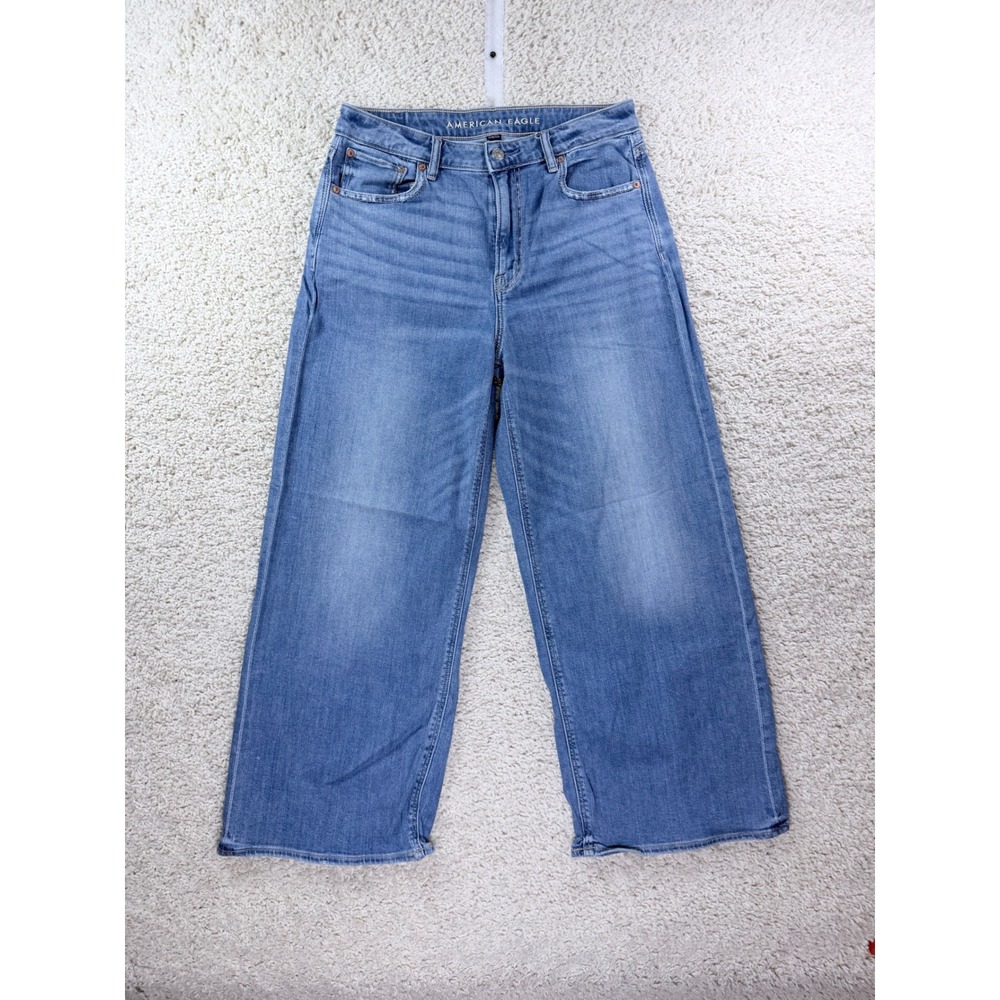 American Eagle Baggy Wide Leg Jeans Womens 6 Short Blue Super High Rise Stretch